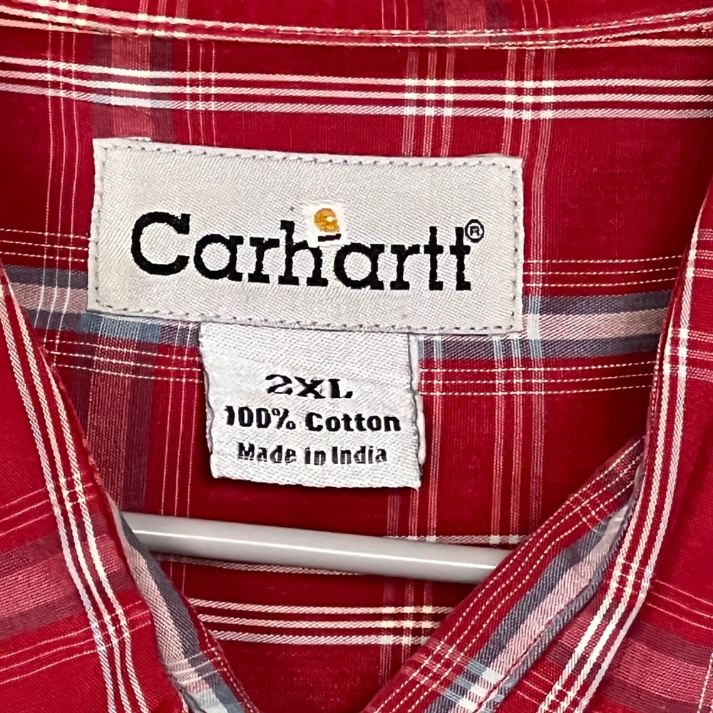 Carhartt Button Down Shirt Mens 2XL Red Plaid Excellent Short Sleeve S208 CRI - Picture 2 of 12